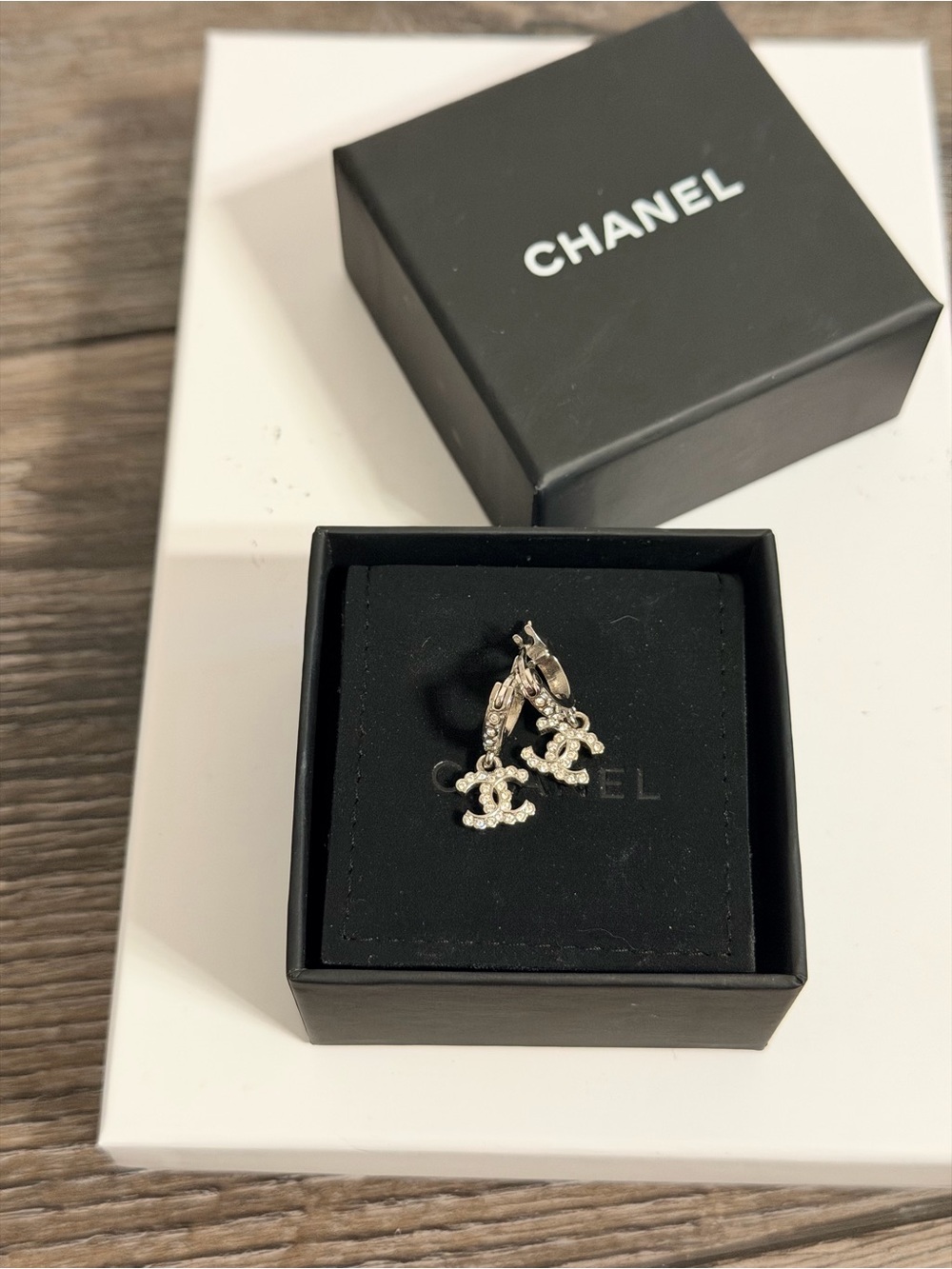 CHANEL Silver Crystal CC Dangle Earrings